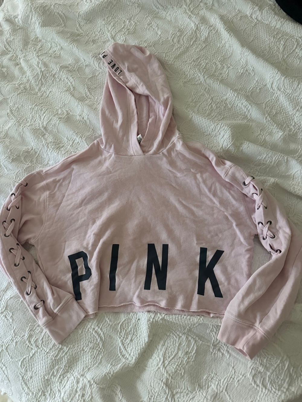 PINK Victoria's Secret Light Pink Lace-Up Sleeve Cropped Hoodie